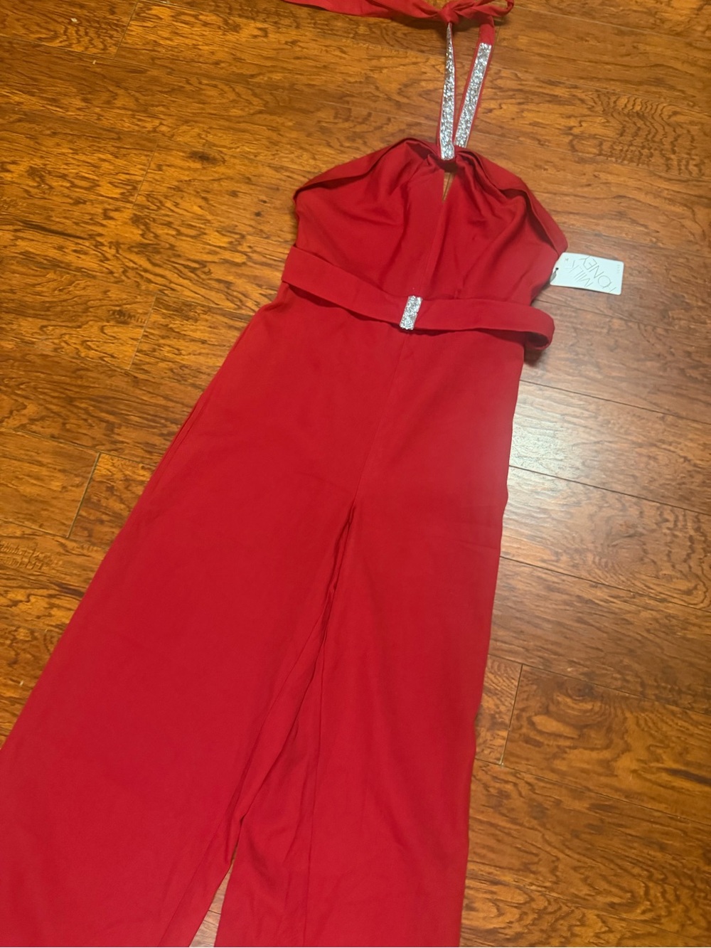 Red Rhinestone-Strap Halter Jumpsuit